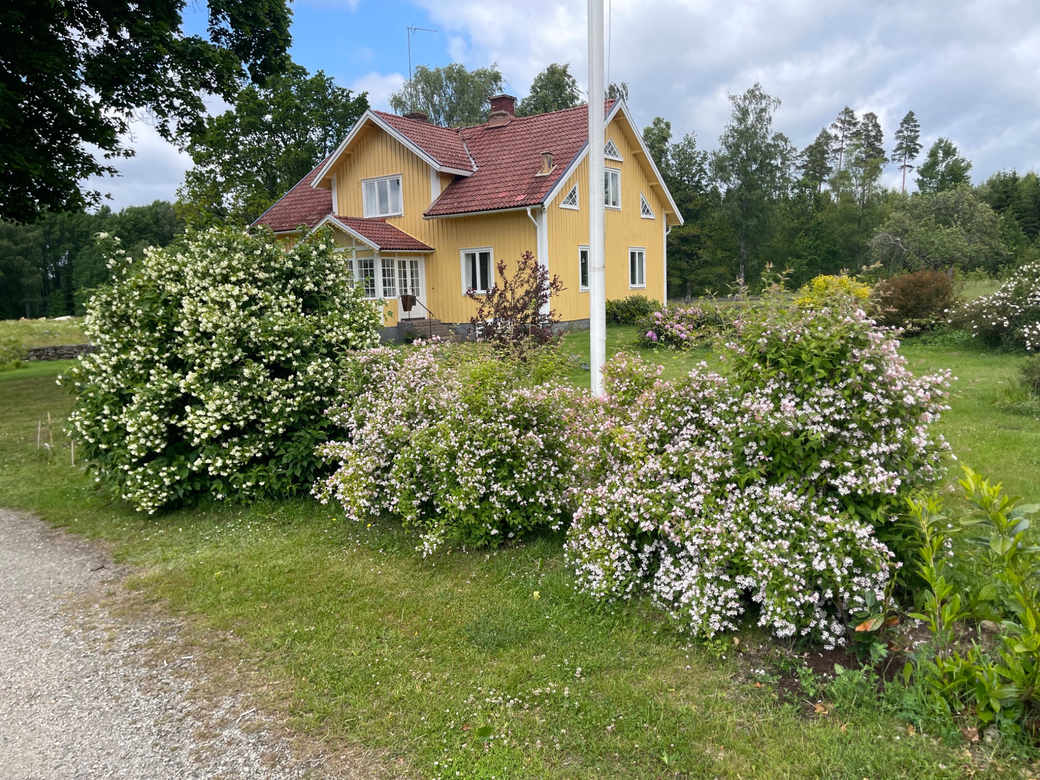 Brogård med stor have og blomstrende buske